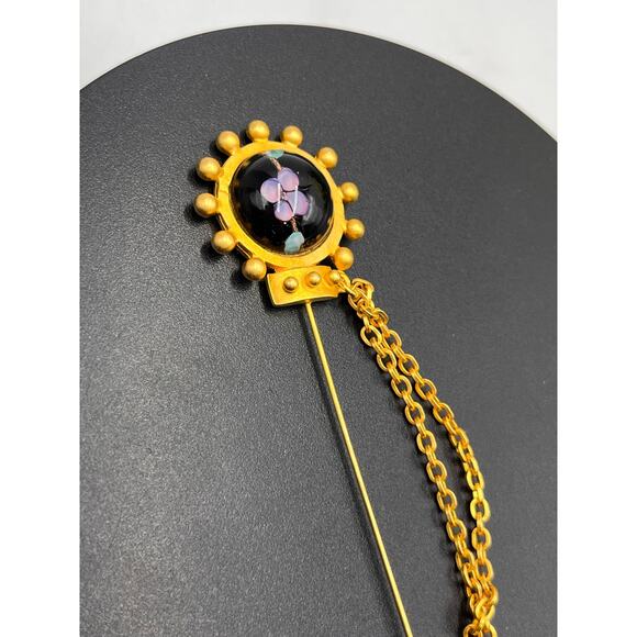 Ronnie Livia Mogul Black Glass Purple Flower Chain Drape Scarf Tie Stick Pin - Picture 4 of 8